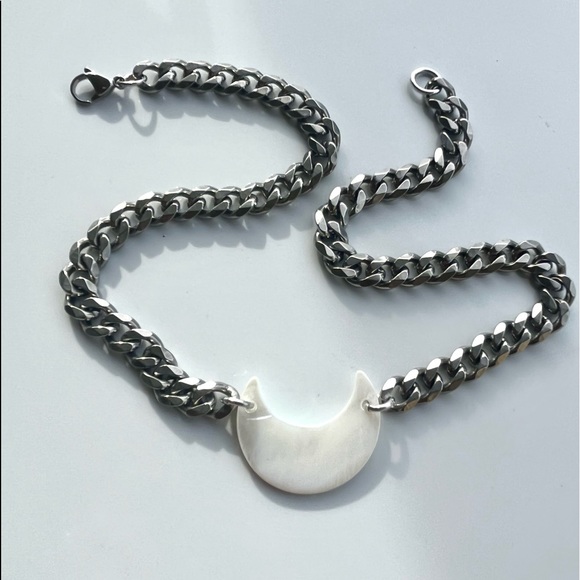 Mother of pearl moon stainless steel cuban link thick choker necklace boho - Picture 5 of 16